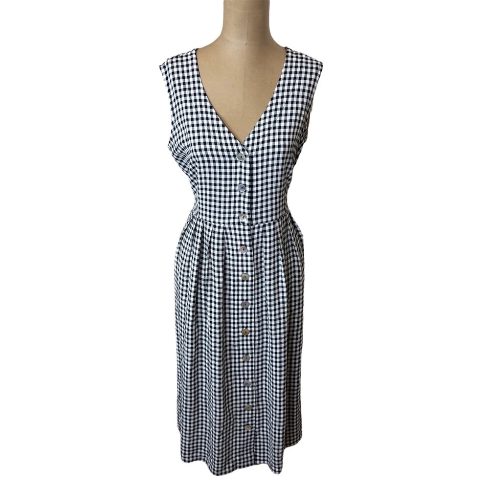 Vintage Black & White Gingham Button-Front Midi Dress